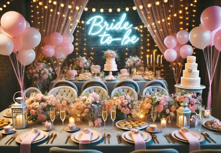 Elegancki stół na wieczór panieński, udekorowany różowymi balonami, kwiatami i neonowym napisem "Bride to-be".