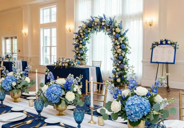 Elegancka sala weselna z niebieskim jako kolorem przewodnim. Kwiatowe łuki i dekoracje stołów w odcieniach błękitu i bieli.