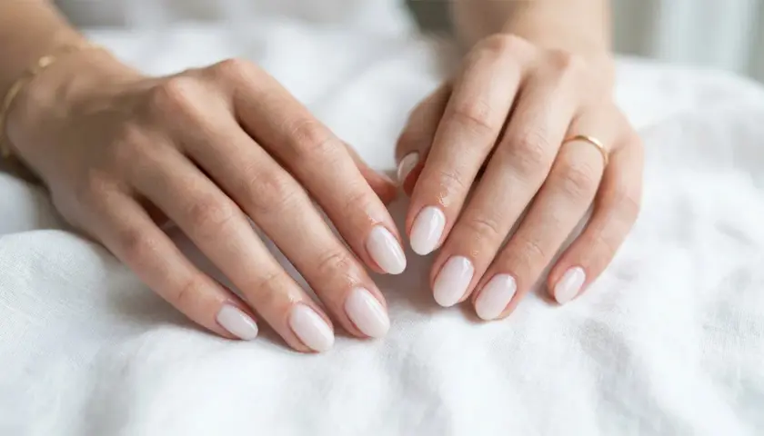 Dłonie z subtelnymi paznokciami delikatnymi, w kolorze mlecznej bieli. Złota bransoletka i pierścionek dodają elegancji.