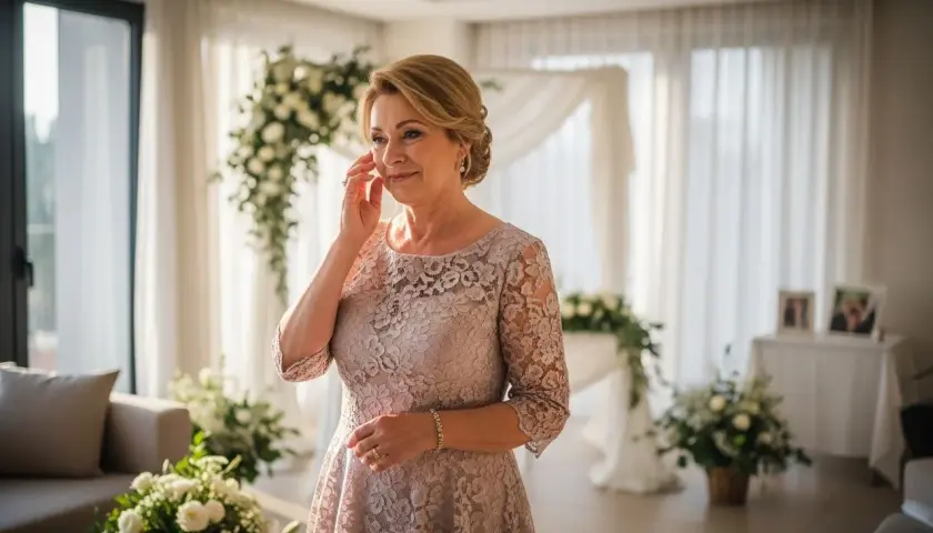 Wzruszona matka panny młodej ociera łzę w dniu ślubu córki. W tle dekoracje kwiatowe i biały baldachim.