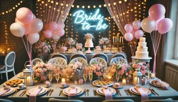 Elegancki stół na wieczór panieński, udekorowany różowymi balonami, kwiatami i neonowym napisem "Bride to-be".